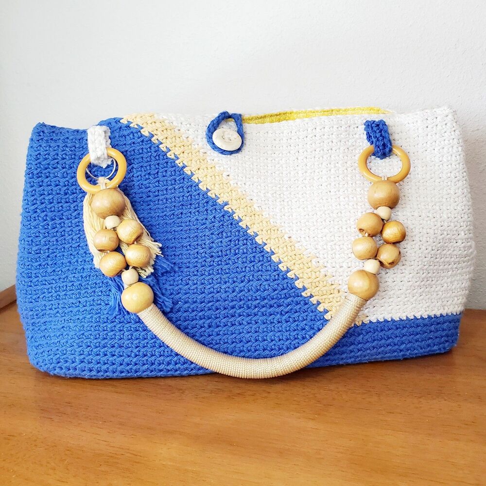 Handmade Knit Crochet Purse Hand Bag Summer Blue White Casual Beach Tiki - Picture 12 of 12